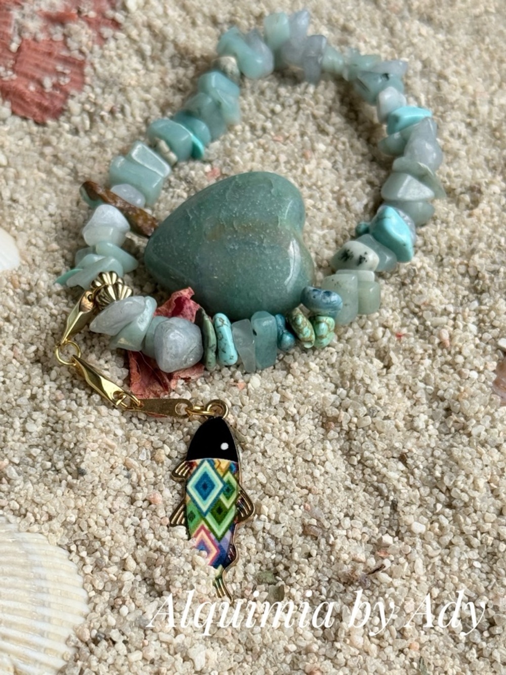 Aqua Green Amazonite and aquamarine & Enamel Fish Charm Bracelet